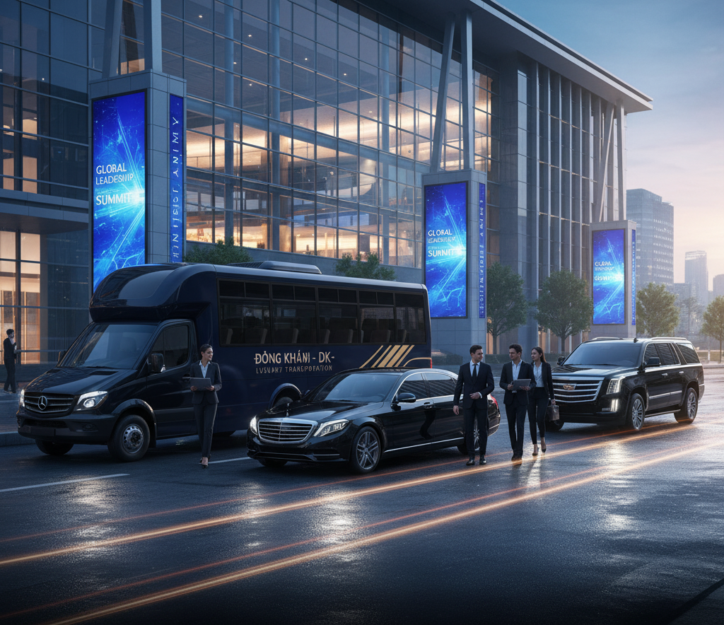 Black luxury car on a highway near an airport at dusk