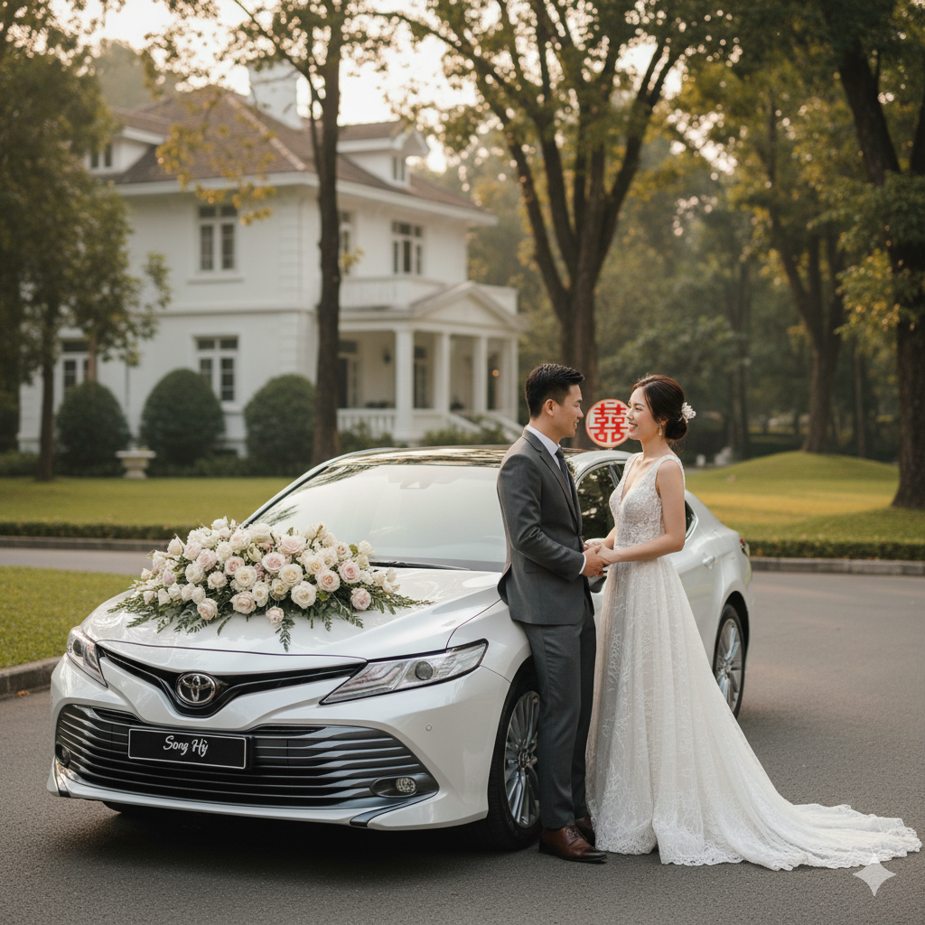 Black luxury car on a highway near an airport at dusk