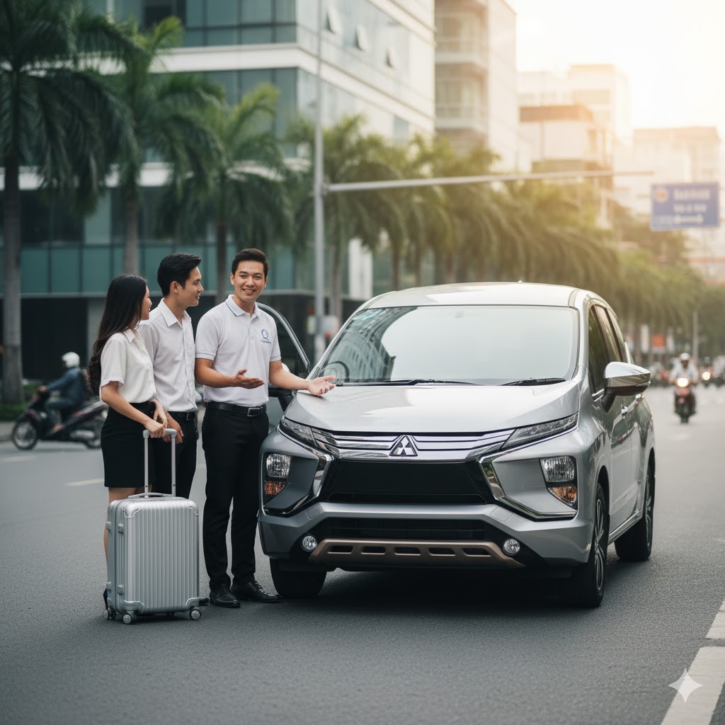 Black luxury car on a highway near an airport at dusk